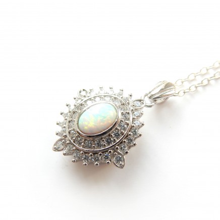 Photo of Delicate Opal Flower Halo Necklace Sterling Silver Pendant October Birthstone