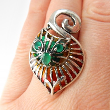 Photo of Emerald Plique a Jour Enamel Cat Ring Sterling Silver