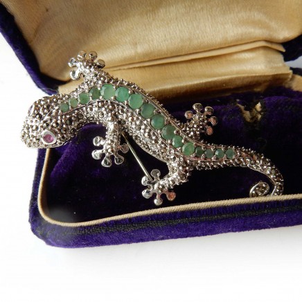Photo of Emerald Ruby Lizard Iguana Brooch Sterling Silver Genuine Stones