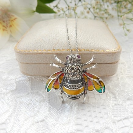 Photo of Enamel Ruby Marcasite Wasp Bee Pendant Necklace Solid Silver Fine Jewelery