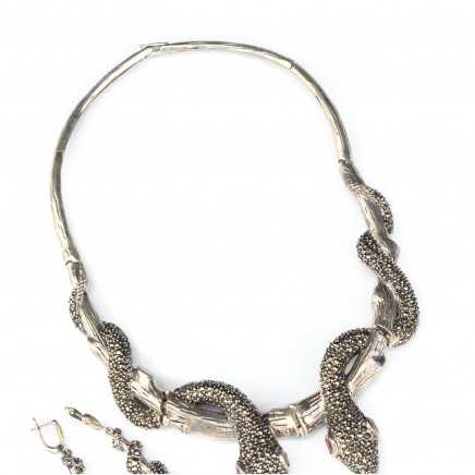 Photo of Exceptional Chunky Sterling Silver Marcasite Snake Collar & Earrings