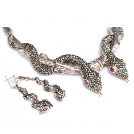 Photo of Exceptional Chunky Sterling Silver Marcasite Snake Collar & Earrings