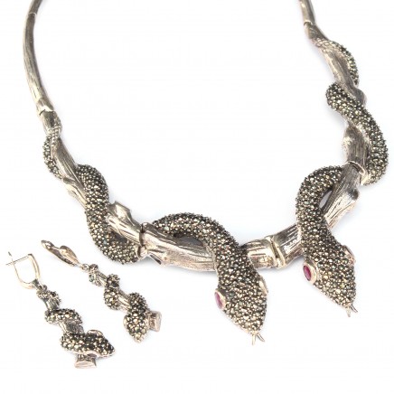 Photo of Exceptional Chunky Sterling Silver Marcasite Snake Collar & Earrings