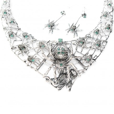 Photo of Exceptional Sterling Silver Emerald Marcasite Collar Necklace with Spider Earrings