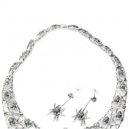 Photo of Exceptional Sterling Silver Emerald Marcasite Collar Necklace with Spider Earrings