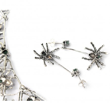 Photo of Exceptional Sterling Silver Emerald Marcasite Collar Necklace with Spider Earrings