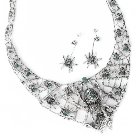 Photo of Exceptional Sterling Silver Emerald Marcasite Collar Necklace with Spider Earrings