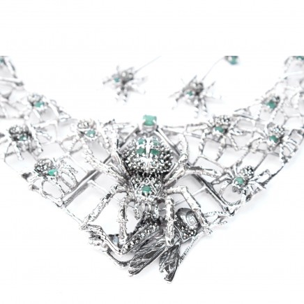 Photo of Exceptional Sterling Silver Emerald Marcasite Collar Necklace with Spider Earrings