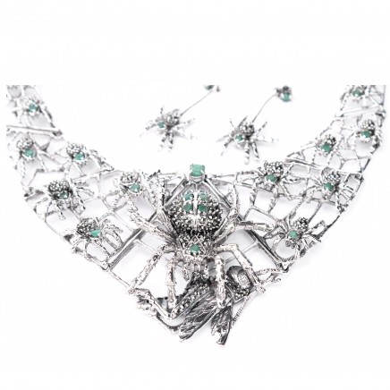 Photo of Exceptional Sterling Silver Emerald Marcasite Collar Necklace with Spider Earrings