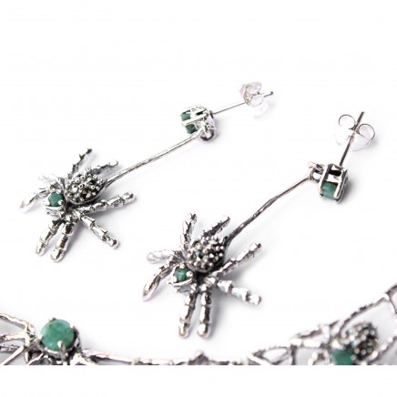Photo of Exceptional Sterling Silver Emerald Marcasite Collar Necklace with Spider Earrings