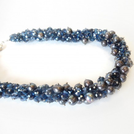 Photo of Eye Catching Midnight Blue Pearl Crystal Cluster Necklace