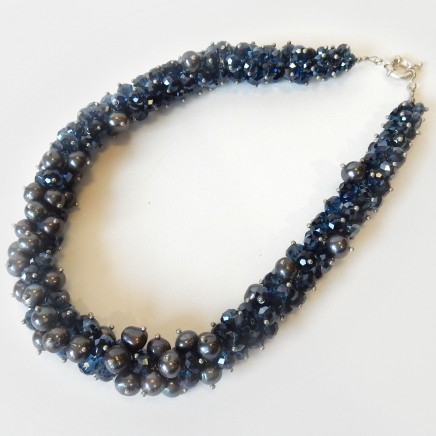Photo of Eye Catching Midnight Blue Pearl Crystal Cluster Necklace