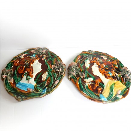 Photo of French Art Nouveau Lady Majolica Porcelain Ceramic Wall Plaques Plates