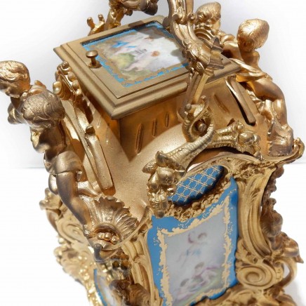Photo of French Ormolu Gold High Relief Cherub Mantel Clock Porcelain Sevres Panels