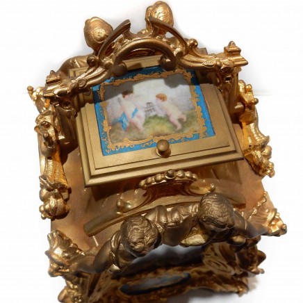 Photo of French Ormolu Gold High Relief Cherub Mantel Clock Porcelain Sevres Panels