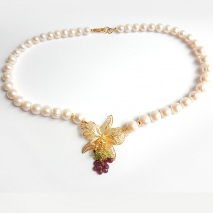 Photo of Freshwater Pearl Peridot & Garnet Filigree Flower Cluster Necklace