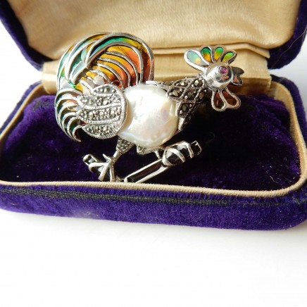 Photo of Freshwater Pearl Ruby Enamel Rooster Hen Pendant Brooch Sterling Silver