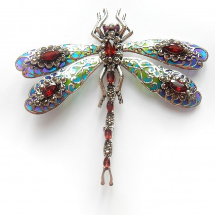 Photo of Garnet Plique a Jour Enamel Dragonfly Brooch Sterling Silver
