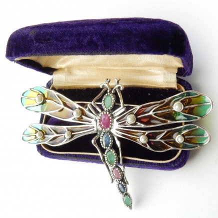 Photo of Genuine Emerald Sapphire Pearl Ruby Plique a Jour Enamel Dragonfly Brooch