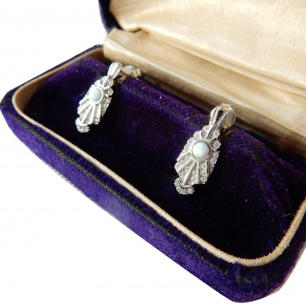 Photo of Genuine Opal Cubic Zirconia Art Deco Earrings Sterling Silver