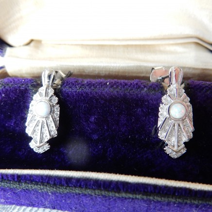 Photo of Genuine Opal Cubic Zirconia Art Deco Earrings Sterling Silver