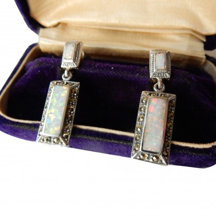 Photo of Genuine Opal Marcasite Droplet Earrings Sterling Silver