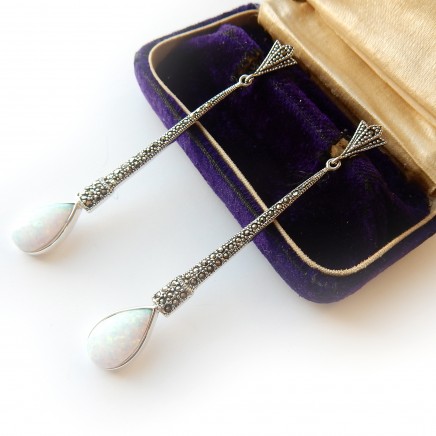 Photo of Genuine Opal Marcasite Teardrop Earrings Sterling Silver