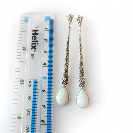 Photo of Genuine Opal Marcasite Teardrop Earrings Sterling Silver