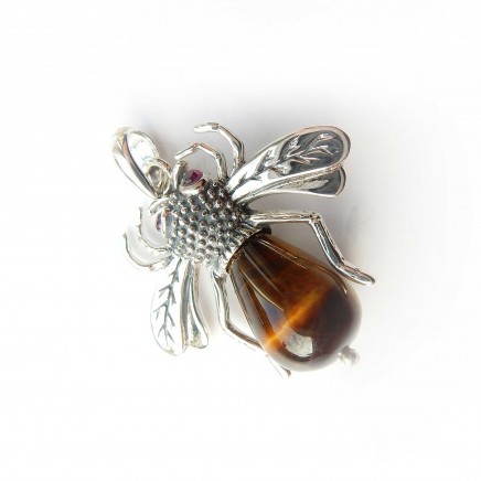 Photo of Genuine Tigers Eye Ruby Wasp Bumble Bee Bug Pendant Sterling Silver