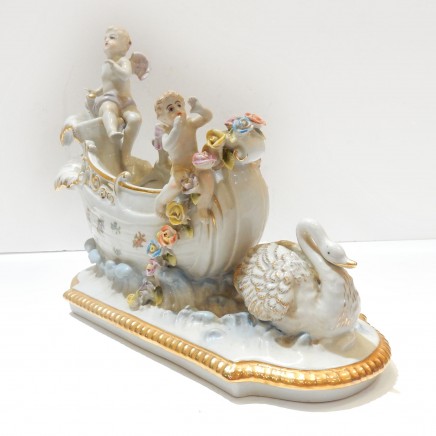 Photo of German Porcelain Cherub Putti Swan Chariot Trinket