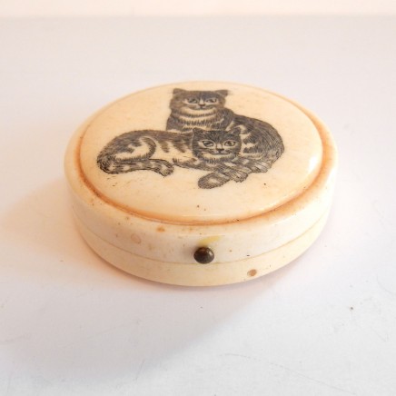 Photo of Hand Carved Tabby Cat Ox Bone Mirror Trinket Pill Box