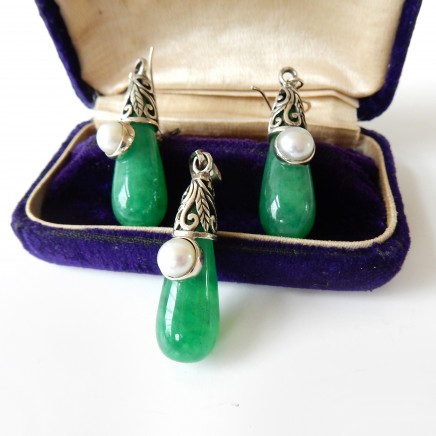 Photo of Jade & Pearl Earrings Pendant Jewelry Set Solid Silver