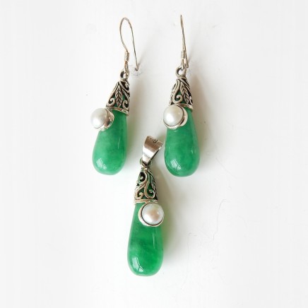Photo of Jade & Pearl Earrings Pendant Jewelry Set Solid Silver