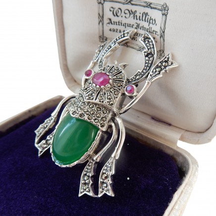 Photo of Jade Ruby & Marcasite Bug Scorpion Insect Brooch Sterling Silver