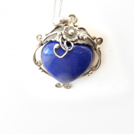 Photo of Lapis Lazuli Heart Vine Leaf Pendant Necklace Solid Silver Fine Jewelery