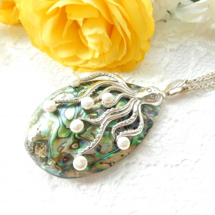 Photo of Large Abalone Shell Pearl Octopus Pendant with Chunky Sterling Silver Chain