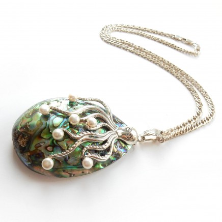 Photo of Large Abalone Shell Pearl Octopus Pendant with Chunky Sterling Silver Chain