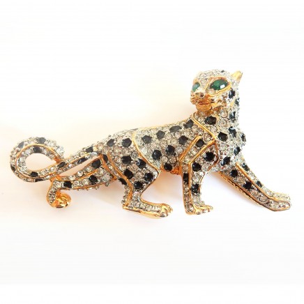 Photo of Large Vintage Gold Rhinestone Leopard Brooch 1960s Costume Jewelery