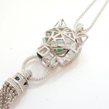 Photo of Leopard Cat Cubic Zirconia Emerald Glass Tassel Necklace Long Chain Silver