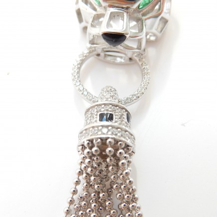 Photo of Leopard Cat Cubic Zirconia Emerald Glass Tassel Necklace Long Chain Silver