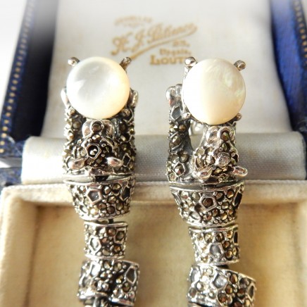 Photo of Marcasite Moonstone Panthere Wild Cat Earrings Solid Silver Fine Deco Jewelery