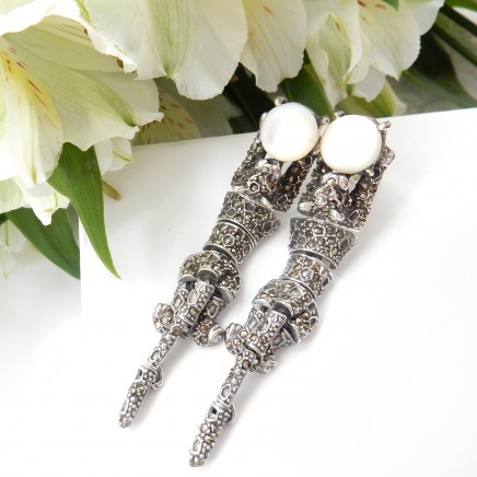 Photo of Marcasite Moonstone Panthere Wild Cat Earrings Solid Silver Fine Deco Jewelery