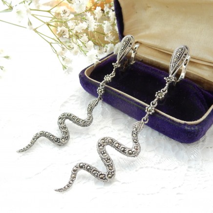 Photo of Marcasite Twisted Snake Serpent Drop Earrings Sterling Silver
