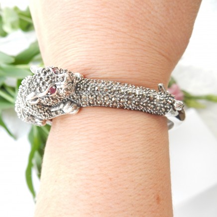 Photo of Marcasite Wild Cat Panthere Bracelet Bangle Cuff Solid Silver Fine Jewelery