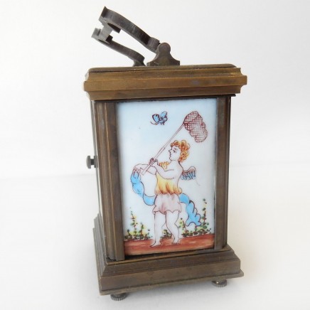 Photo of Miniature French Brass Painted Porcelain Cherub Carriage Clock