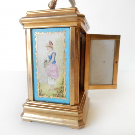 Photo of Miniature French Sevres Carriage Clock Painted Porcelain Panels