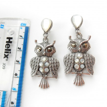 Photo of Moonstone Marcasite Owl Droplet Earrings Sterling Silver Fine Jewelry