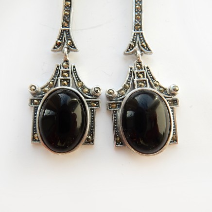 Photo of Onyx Marcasite Droplet Earrings Solid Silver Fine Deco Jewelery
