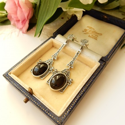 Photo of Onyx Marcasite Droplet Earrings Solid Silver Fine Deco Jewelery