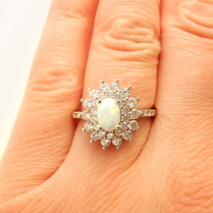 Photo of Opal Cabochon Cubic Zirconia Halo Ring Solid Silver Fine Jewelery